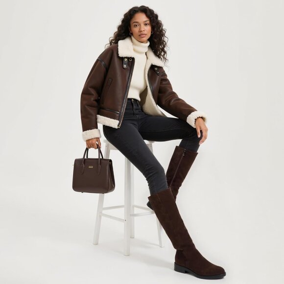 Women Polyurethane Suede Chocolate Round Toe Flat Side Zipper Knee High Boots - Picture 4 of 8